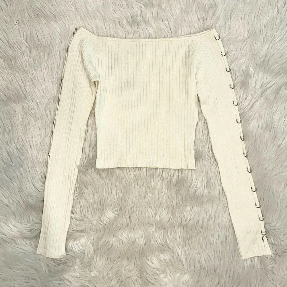 REVOLVE Superdown Tamina Off The Shoulder Top Metal Ring Sleeve Rib Knit Blouse
